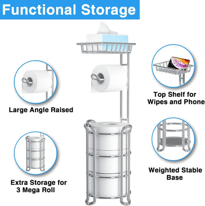 Toilet Paper Holder Stand with Shelf, Free Standing Tissue Roll Storage Rack with Dispenser for Bathroom, Black