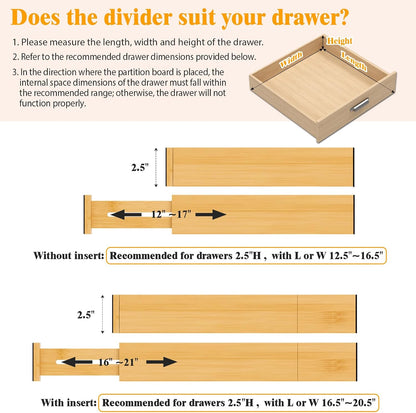 Bamboo Drawer Dividers, 12-21 Inch Kitchen Adjustable Drawer Organizers | Expandable Dresser Separators for Clothes, Ideal for Kitchen, Bathroom, Vanity, Office Organization and Storage, 4-Pack