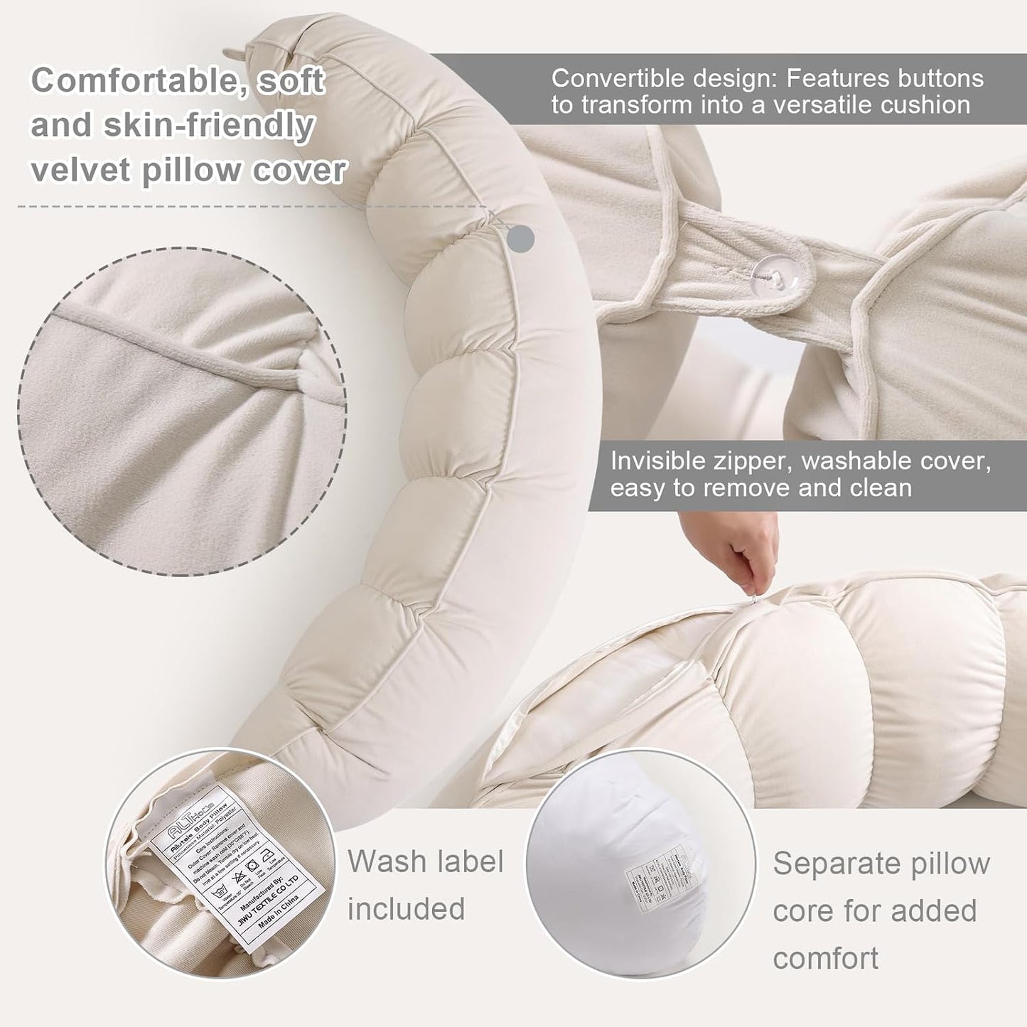 Peallow(Pat. Pend) – Long Round Body Pillow for Adults, Bolster Pillow for Sleeping, Soft and Supportive Pillow for Sleeping & Lumbar Support (Green-White, 29.5")