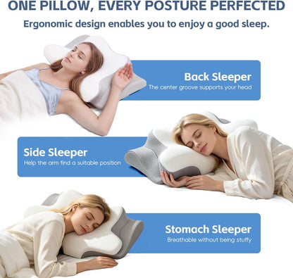 Cervical Neck Pillow, Memory Foam Pillows for Neck and Shoulder Pain Relief, 2 Heights Ergonomic Pillow with Breathable Ice Silk Cover, Neck Support Pillow for Side Sleepers White