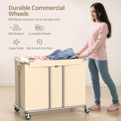 Hodonas Rolling Laundry Hamper 2-Section, Beige, 31.5"Lx15.75W"x30.7"H | 230L(61Gal) Storage Capacity, with Metal Structure, Removable Liner, and Silent Casters, Sturdy Clothes Hamper for Home