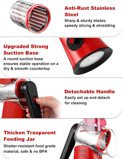Geedel Rotary Cheese Grater, Kitchen Mandoline Vegetable Slicer with 3 Interchangeable Blades, Easy to Clean Rotary Grater Slicer for Fruit, Vegetables, Nuts | 3 Blades, 430 Stainless Steel, 12x Fast Cutting, Strong Suction Base, No BPA, Dishwasher Safe,