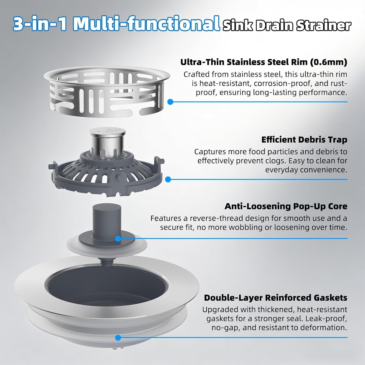 Hibbent 3 in 1 Kitchen Sink Drain Strainer, Metal Pop Up Stopper | Larger Anti-Clogging Basket, 3-Layer Seal, Detachable Sink Drain Plug for US Standard 3-1/2" Drain, Brushed Stainless Steel
