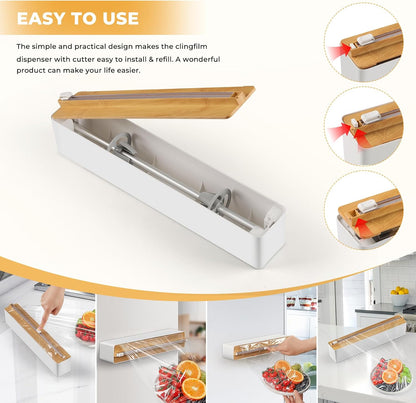 Magnetic Plastic Wrap Dispenser with Cutter - Practical Refillable Aluminum Tin Foil and Plastic Wrap Organizer for Drawer, Including an Extra Roll of 12"X 164' Food Cling Film - Black