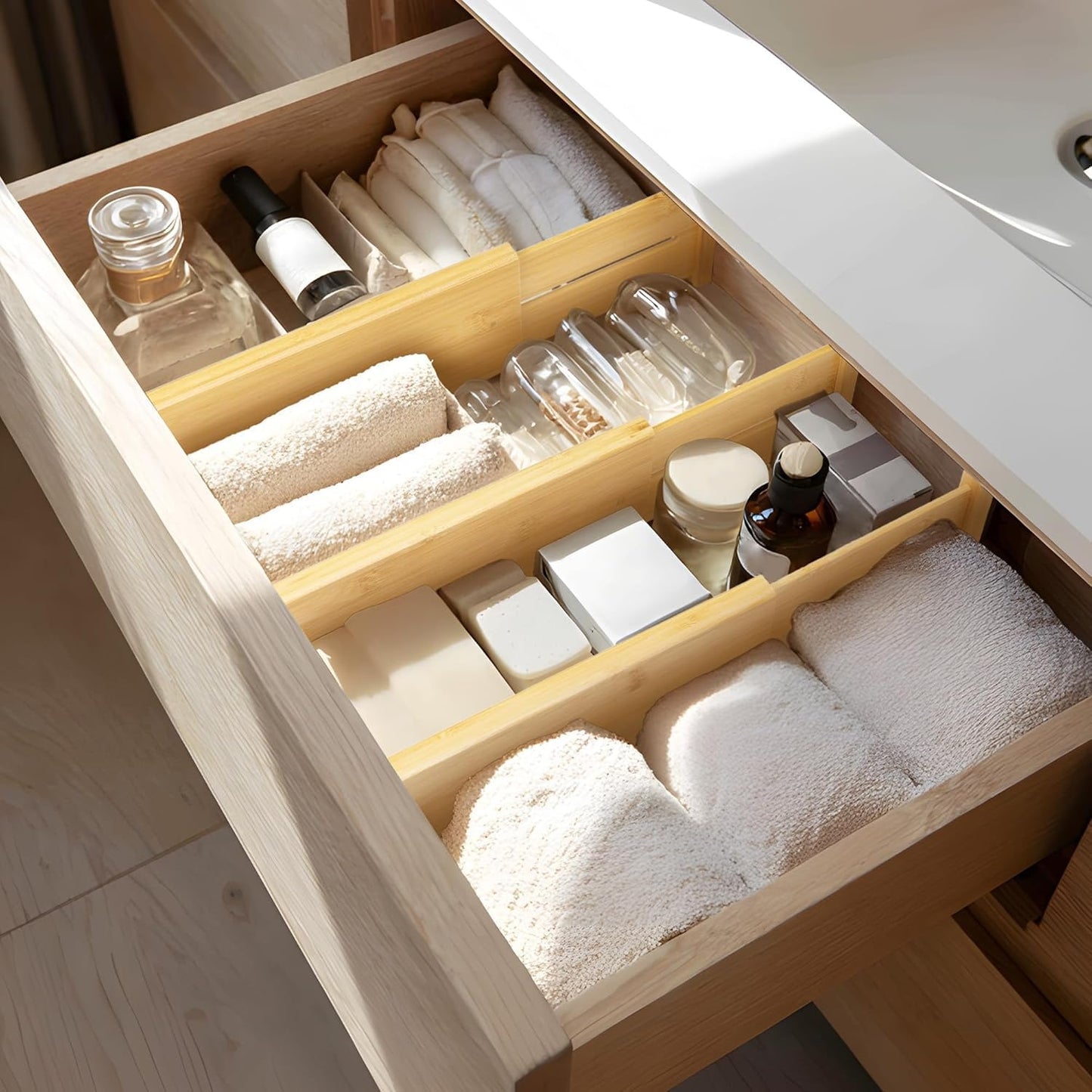 VaeFae 6-Pack Adjustable Bamboo Drawer Dividers, Expandable Drawer Organizer for Kitchen Utensils, Clothes, Bathroom, Office – Fits Drawer Interiors 16.6" to 21.8"
