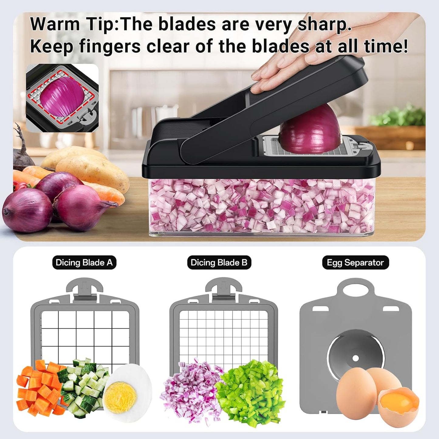 12-in-1 Vegetable Chopper with 7 Blades, Food Veggie Cutter, Green | Includes Egg Separator, Food Container and Finger Guard, Non-slip Base, for Chopping, Slicing, Shredding, and Mincing