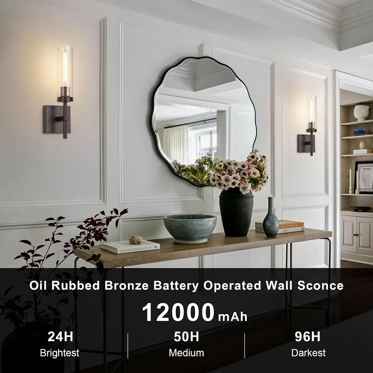 Wireless Wall Sconces with Remote Control, Battery Operated Wall Sconce Set of 2, Black & Gold Rechargeable Dimmable Wall Light for Bedroom Living room Bathroom Hallway Entryway Stairwell, 3000K