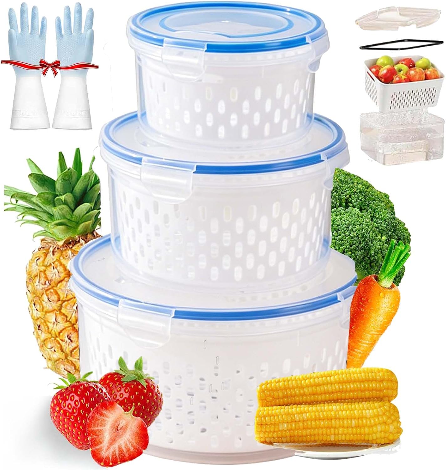 4 In 1 Food Storage Container, Fruit Storage Containers for Fridge, Household Transparent Plastic Food Storage Box-Including Drain Basket, Soak, Wash, Drain, and Store (Gray, S+M+L)