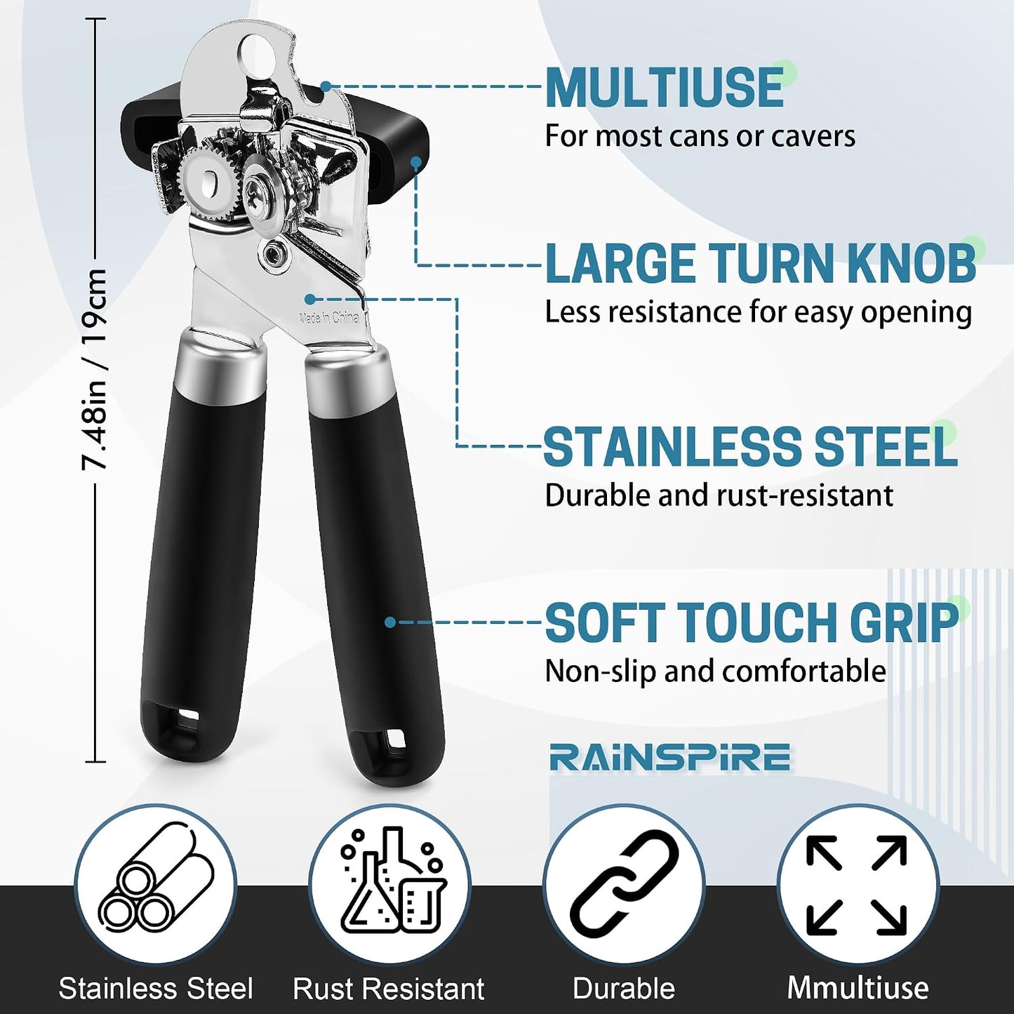 Rainspire Can Opener Manual Handheld Strong Manual Can Opener Smooth Edge Cut, Can Opener Heavy Duty, Comfortable Soft Handle, Built-in Bottle Opener, Turquoise