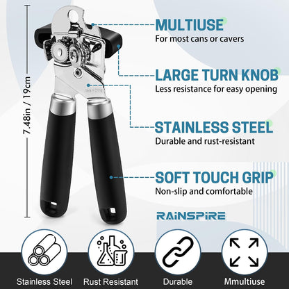 Rainspire Can Opener Manual Handheld Strong Manual Can Opener Smooth Edge Cut, Can Opener Heavy Duty, Comfortable Soft Handle, Built-in Bottle Opener, Turquoise