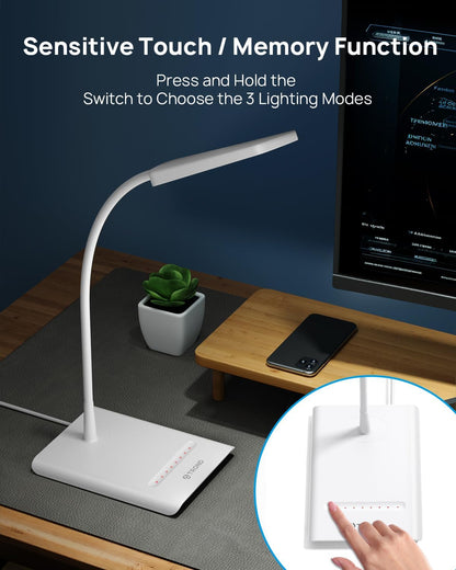 TROND Desk Lamp, Dimmable Eye-Caring Table Lamp, Memory Function, Black | 3 Color Modes 7 Brightness Levels, Flexible Gooseneck, Touch Control, Desk Light for Home Office Dorm Room Essentials