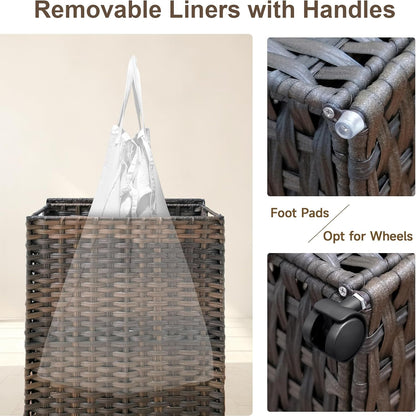 88L Slim Laundry Hamper with Wheels, 23.3 Gallon Rolling Laundry Basket with Lid, Tall and Narrow Laundry Hamper with 2 Removable Liner & 3 Mesh Bags, Laundry Sorter for Bathroom, Brown