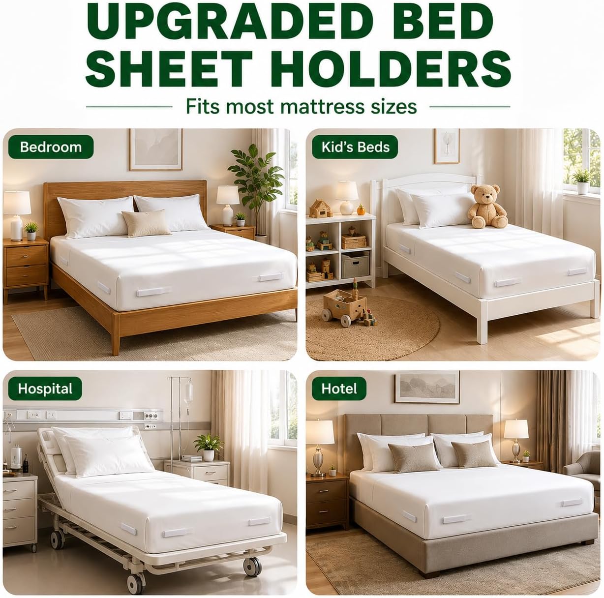 Upgraded Bed Sheet Holders for Corners, 4PCS Fitted Sheet Clips, Heavy Duty Sheet Straps, Bed Sheet Fasteners, Lock Sheet Holders Keep Sheets Firm & Tight, Fits Twin Full Queen King Mattresses