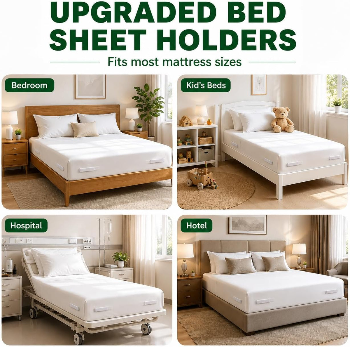 Upgraded Bed Sheet Holders for Corners, 4PCS Fitted Sheet Clips, Heavy Duty Sheet Straps, Bed Sheet Fasteners, Lock Sheet Holders Keep Sheets Firm & Tight, Fits Twin Full Queen King Mattresses