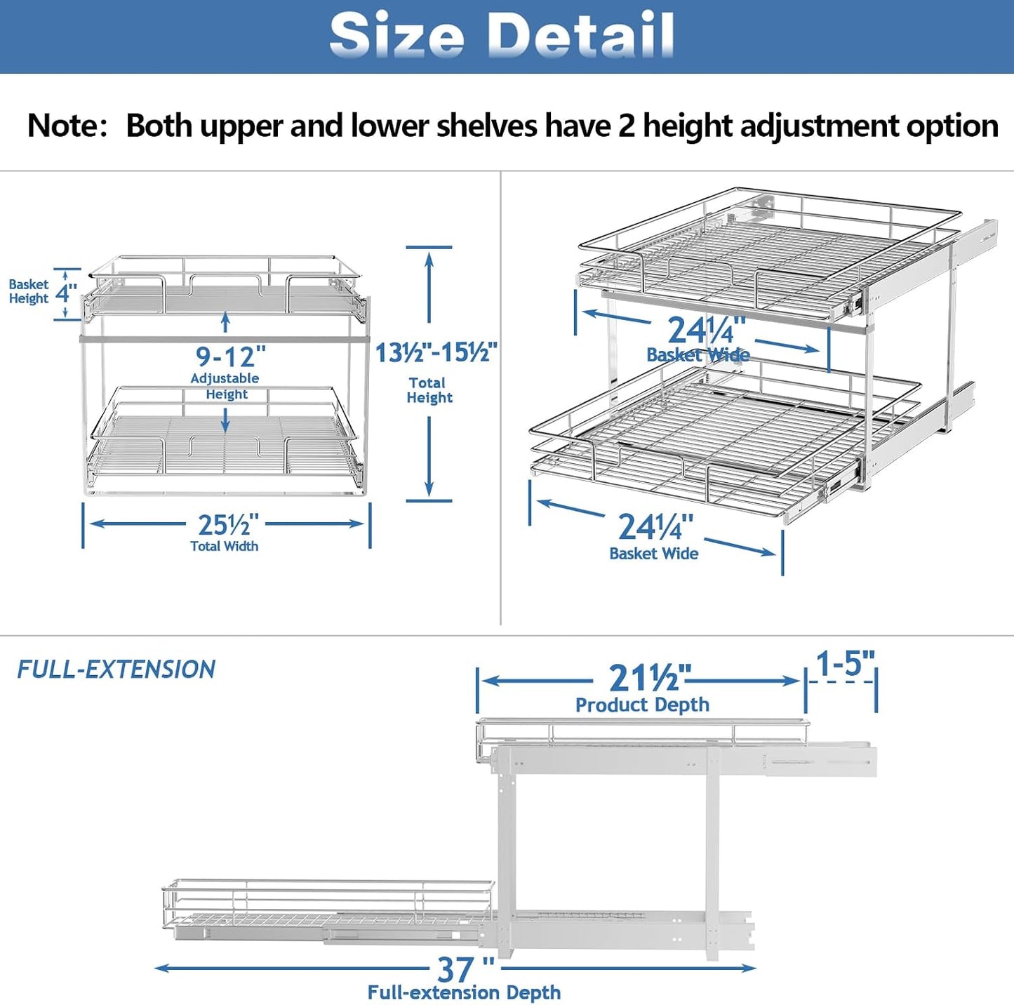 ROOMTEC Pull Out Cabinet Organizer, Pull Out Shelves 5½" W x 21½" D, Heavy Duty Cabinet Drawers Slide Out Kitchen Organizers Storage Shelf