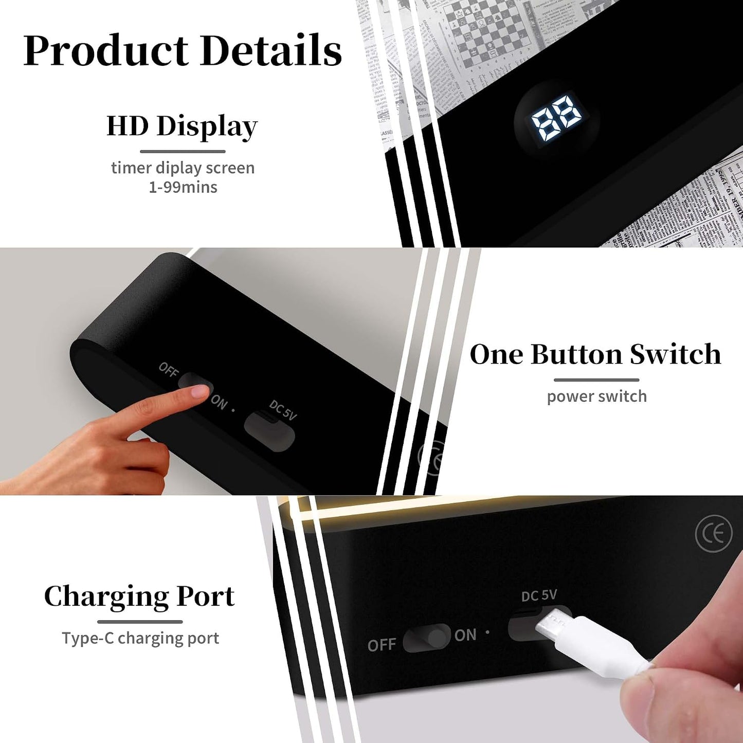LED Reading Book Page Light - USB Rechargeable Flat Books Night Lamp - Smart Clear Read Booklight Panel - Dimmable Plate with 3 Colors & Timer - Portable Eye Care Reading Light for Bed Time (White)