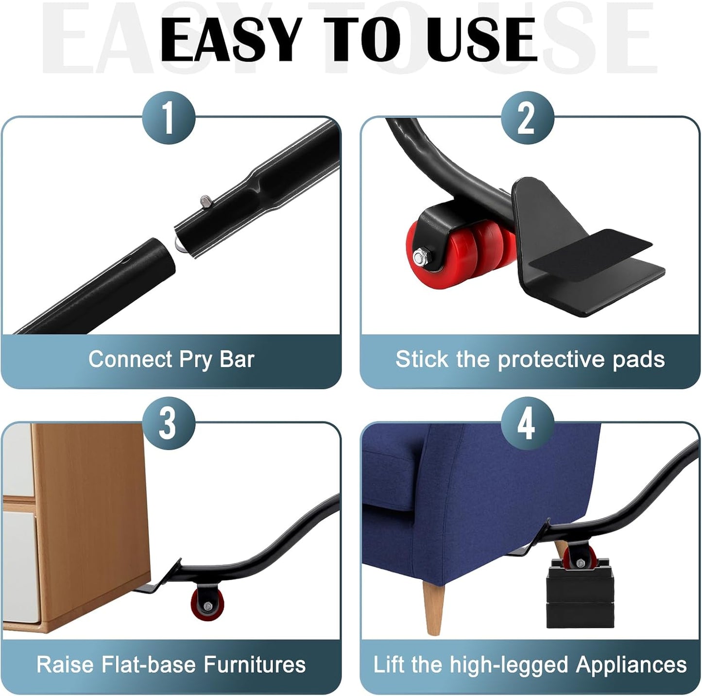 22" Furniture Lifter Tool, Appliance Metal Lifter for Heavy Furniture Grey | 1 Lifter Tool, 4 Raise Blocks, Movers, Sliders & Wheels to Move Sofa, Refrigerator, Washing Machine Easily & Safely