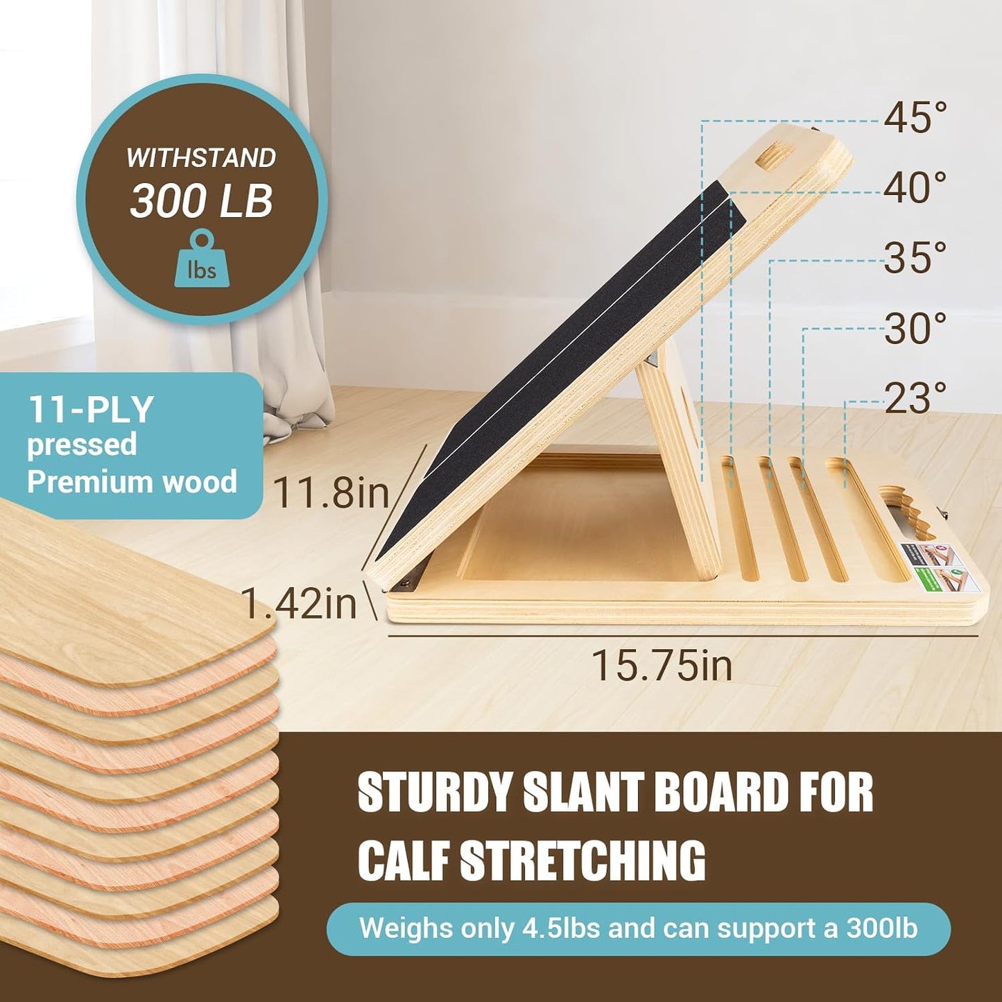 Slant Board Calf Stretch with Stretch Strap, 300 lb Portable Incline Board | Training Poster, Non-Slip Adjustable Wooden Calf Mobility Board for Calf Ankle Knees Achilles Physical Therapy Leg Exerciser