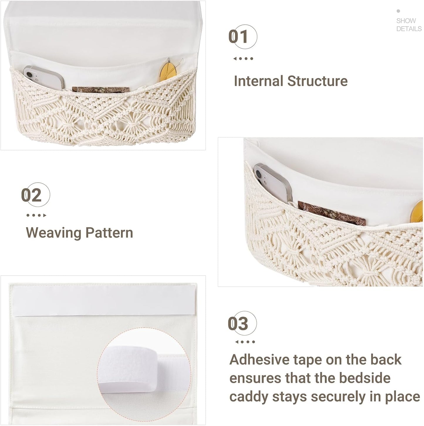 Mkono Macrame Bedside Caddy, Boho Bed Storage Organizer, 4 Pockets Ivory | Dorm Room Bed Caddy, Home Decor, Remote Control Magazine Glasses, Bedroom Living Room, Non-Slip, Space Saving Holder