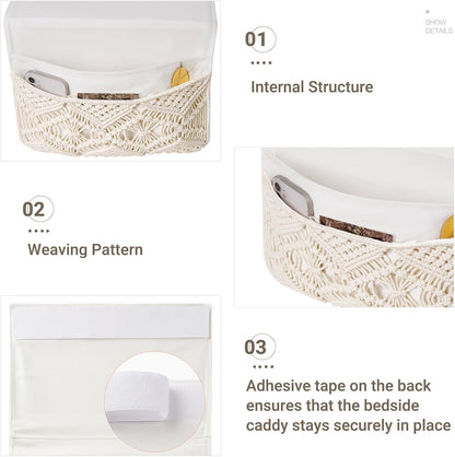 Mkono Macrame Bedside Caddy, Boho Bed Storage Organizer, 4 Pockets Ivory | Dorm Room Bed Caddy, Home Decor, Remote Control Magazine Glasses, Bedroom Living Room, Non-Slip, Space Saving Holder