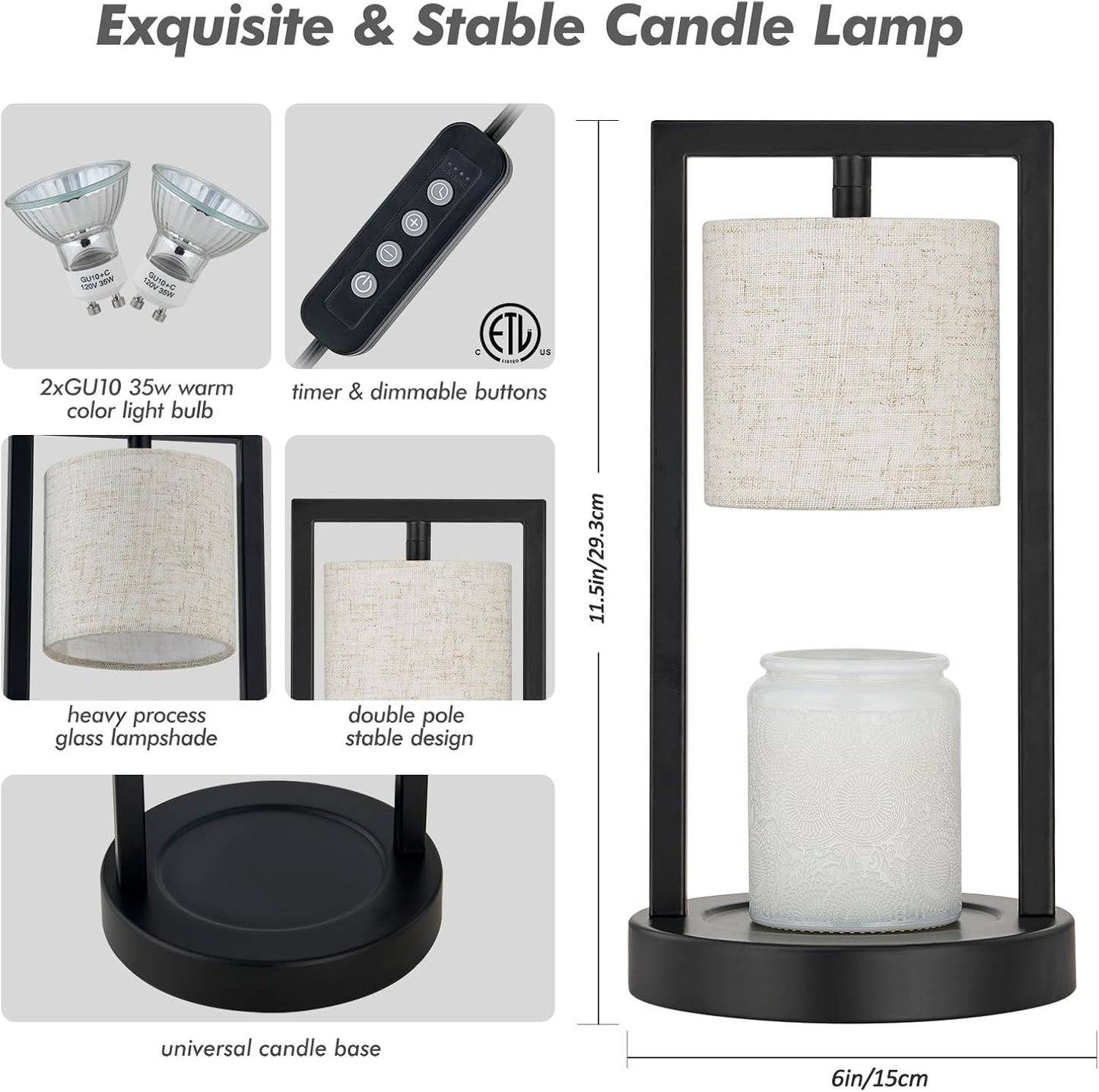 Candle Warmer Lamp with Timer, Black Candle Lamps Linen Fabric Shade, 3-Level Dimmable Candle Warming Wax Melt Warmer for Scented Wax, 50W Electric Warmer Lamp for Women Home Decor (2 Bulbs Included)