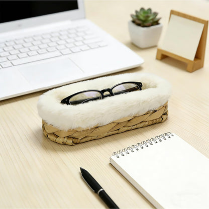 Water Hyacinth Plush Lined Glasses Holder Stand for Nightstand | Anti-scratch Eyeglass Holder for Kids,Protective Glasses Holder Case, Storage Organizer for Office Desk