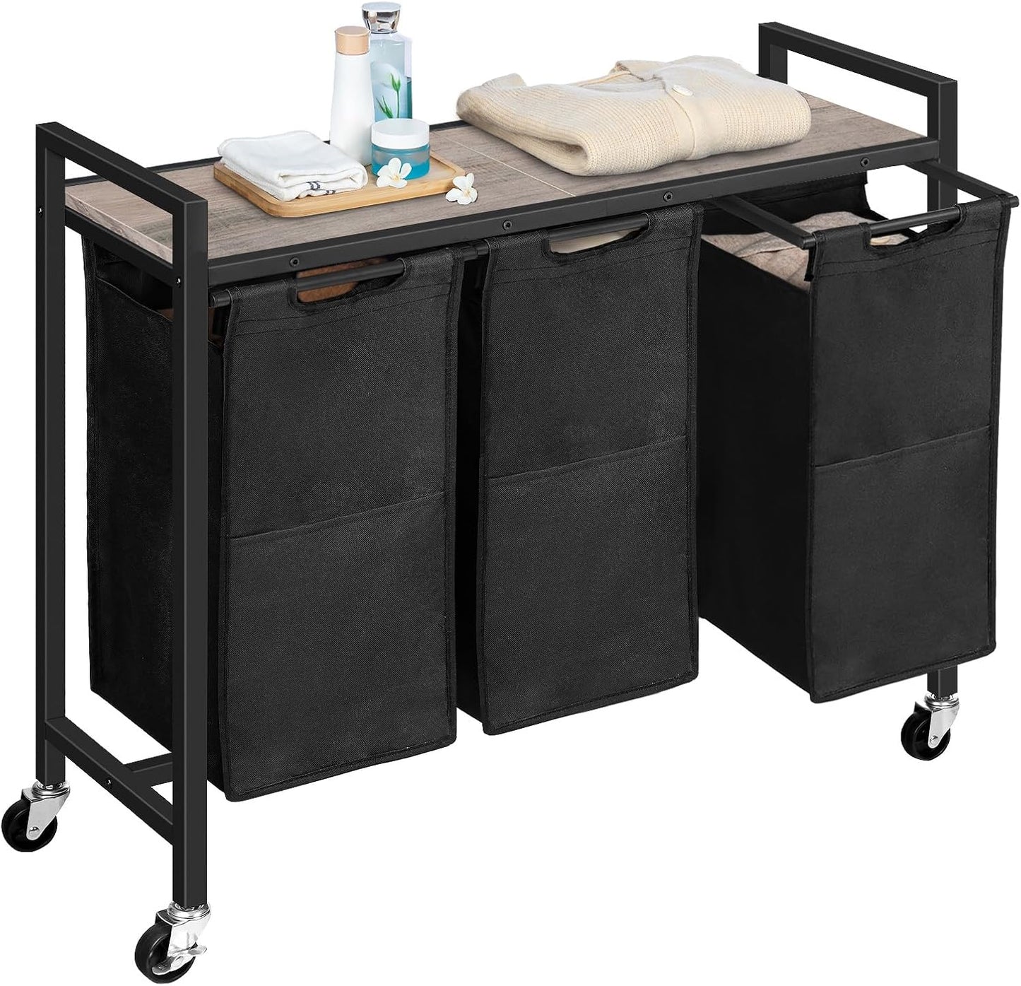 HOOBRO Laundry Sorter 3 Section, Laundry Hamper with Wheels, 3 × 11.5 Gal (43.4L), Rolling Laundry Basket, Pull-Out and Removable Oxford Fabric Laundry Bags, Rustic Brown and Grey BFG76XY01