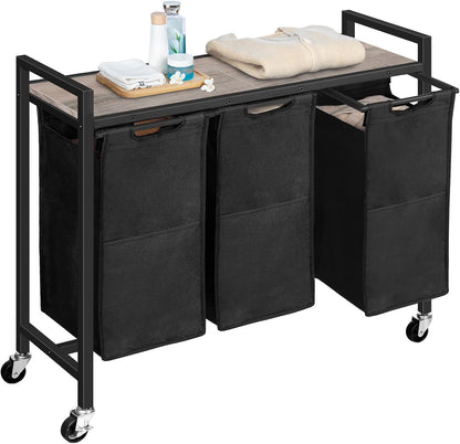 HOOBRO Laundry Sorter 3 Section, Laundry Hamper with Wheels, 3 × 11.5 Gal (43.4L), Rolling Laundry Basket, Pull-Out and Removable Oxford Fabric Laundry Bags, Rustic Brown and Grey BFG76XY01