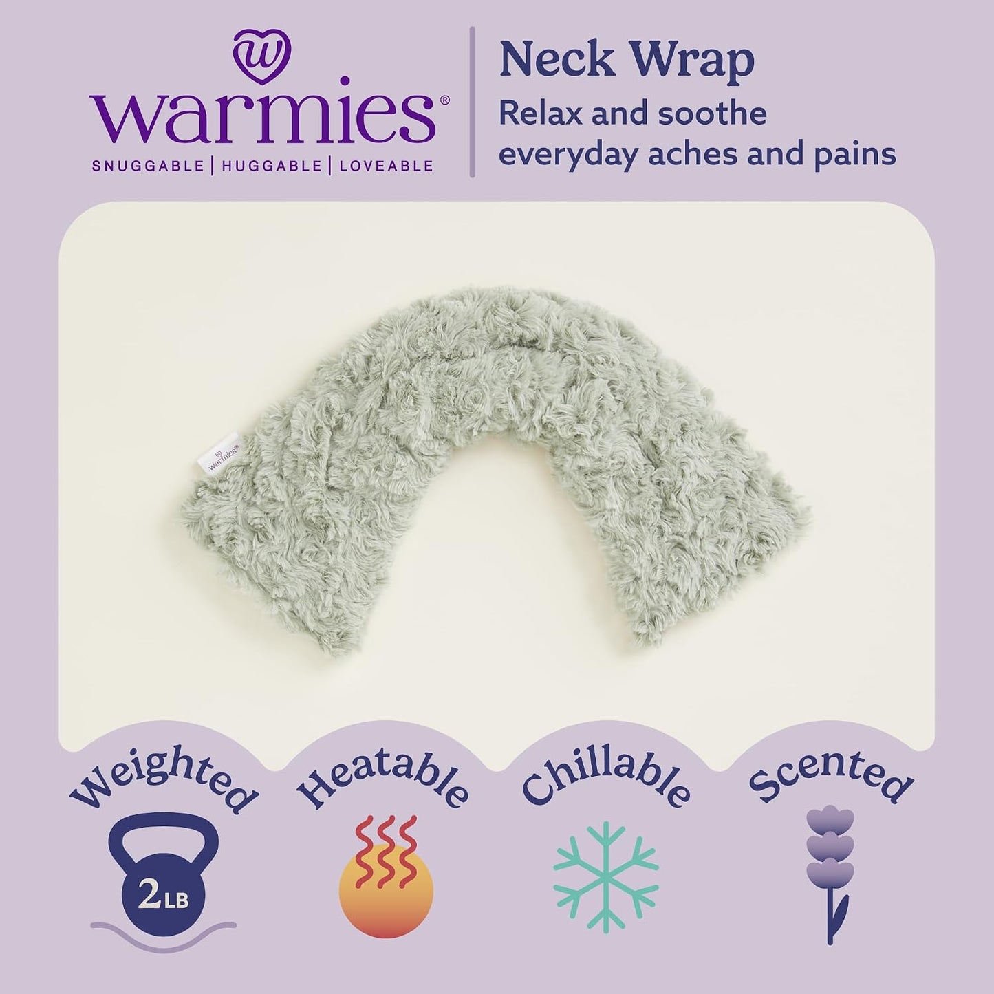 warmies Microwavable Shoulder Heating Pad, Neck Warmer & Heat Pack, Snowy | Steady Pressure, Cooling Relief, Scented with Calming French Lavender, Microwave 30 sec, Freeze 2-3 hrs, Soft Faux Fur
