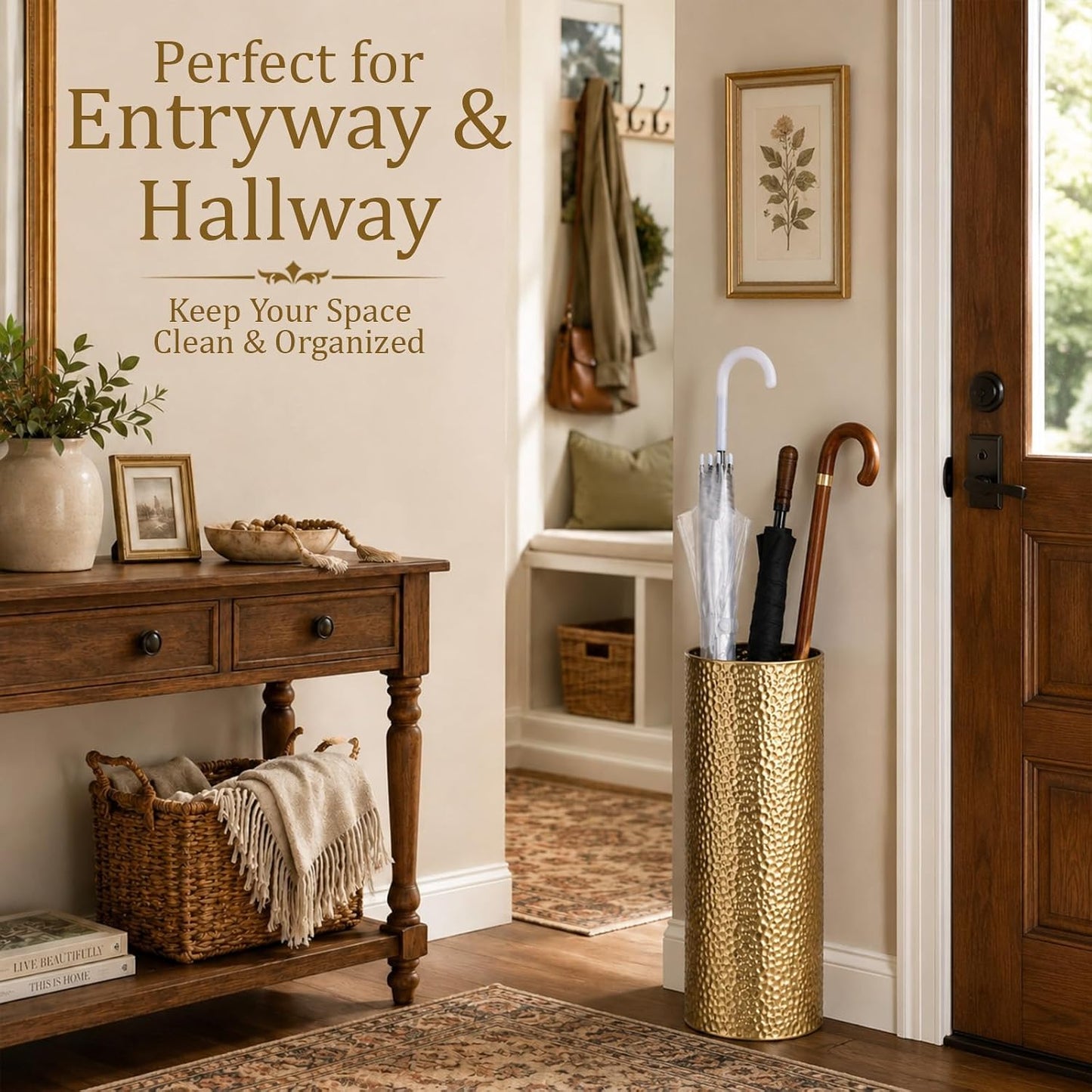 Lounsweer Metal Hammered Umbrella Stand, Gold Cylindrical Umbrella Holder for Entryway, Free Standing Canes Walking Sticks Organizer, Round Waterproof Drip Container for Home Office, 15.8 x 5.9 in