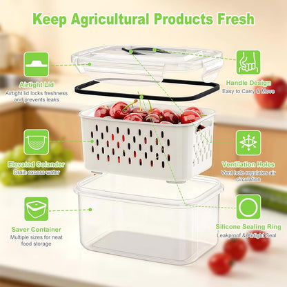 8 Pieces Fruit Storage Containers for Fridge with Lids and Strainer | 4Pack Fruit Containers for Fridge, Fresh Produce Saver Keeper for Vegetable Fruit Salad, BPA Free Organizer for Refrigerator