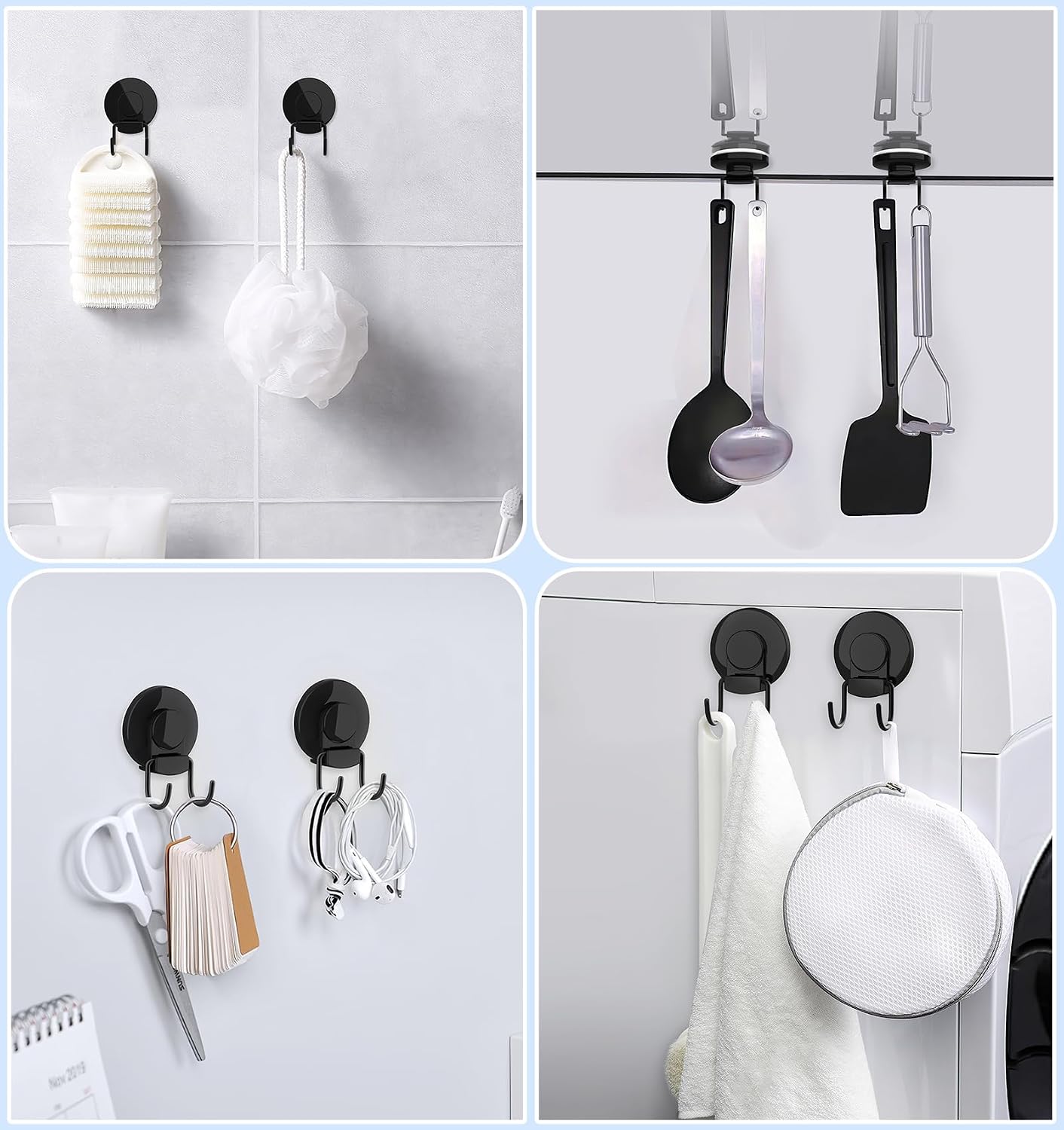 VIS'V Shower Suction Cup Hooks, Removable and Reusable, Black, 2 Pcs | Double Hooks Design, Heavy Duty, Strong Vacuum Suction, Fits for Smooth Flat Surfaces