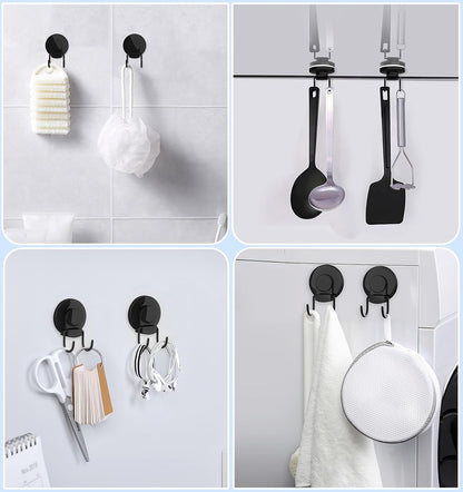 VIS'V Shower Suction Cup Hooks, Removable and Reusable, Black, 2 Pcs | Double Hooks Design, Heavy Duty, Strong Vacuum Suction, Fits for Smooth Flat Surfaces
