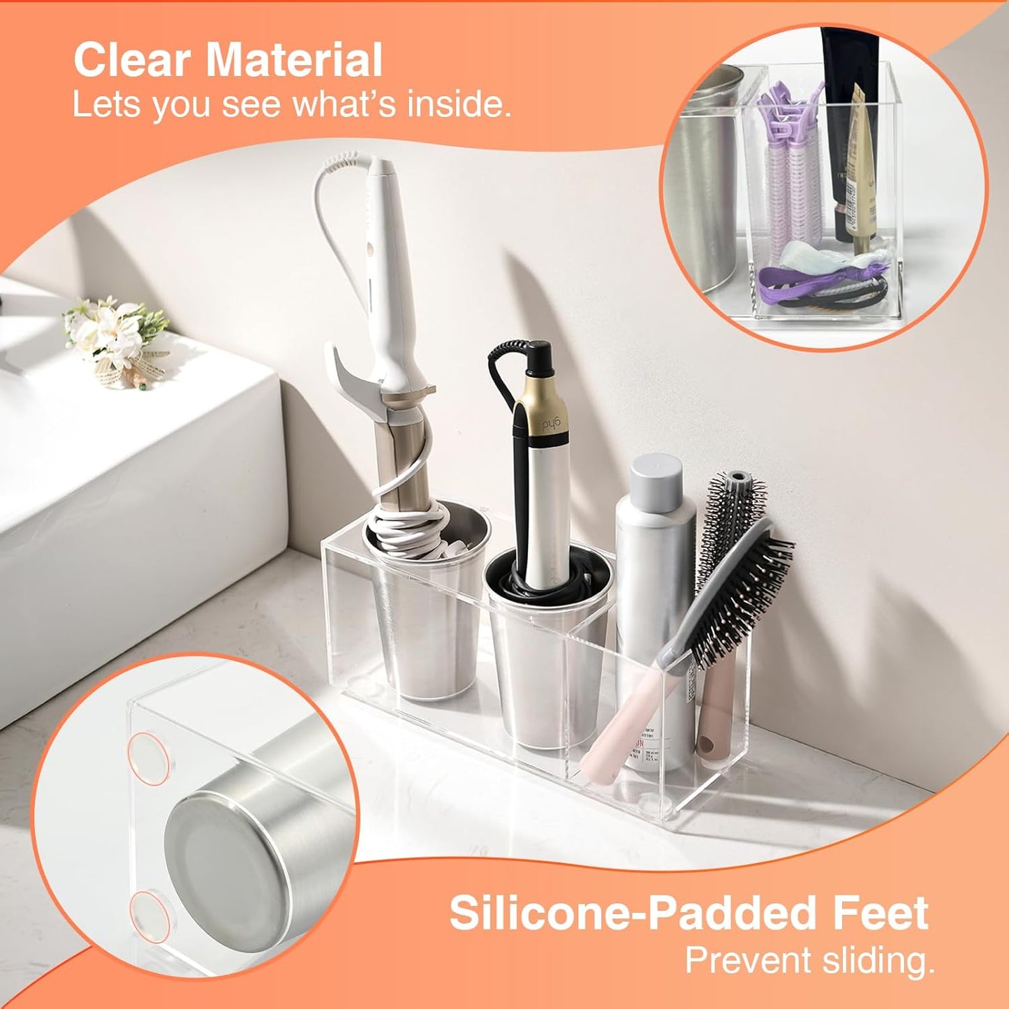 Hair Tool Organizer, Curling Iron Holder, Countertop/Wall Mount | Hair Brush & Spray Organizer, Hot Tools Holder for Vanity Bathroom, Under Sink/Adhesive/Screw Mount, Acrylic, Clear