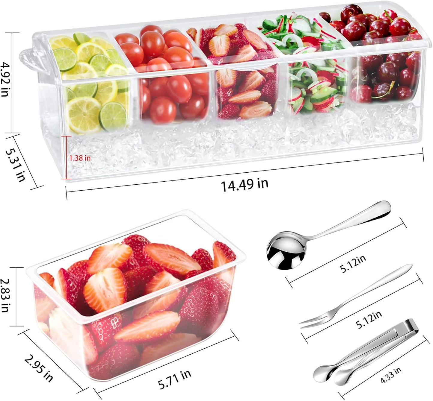 Condiment Tray with Stainless Steel Tableware, Chilled Condiment Server | Bar Accessories with 5 Spoons, 5 Forks and 1 Clip with Removable Trays and Lid