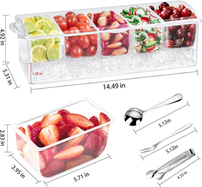 Condiment Tray with Stainless Steel Tableware, Chilled Condiment Server | Bar Accessories with 5 Spoons, 5 Forks and 1 Clip with Removable Trays and Lid