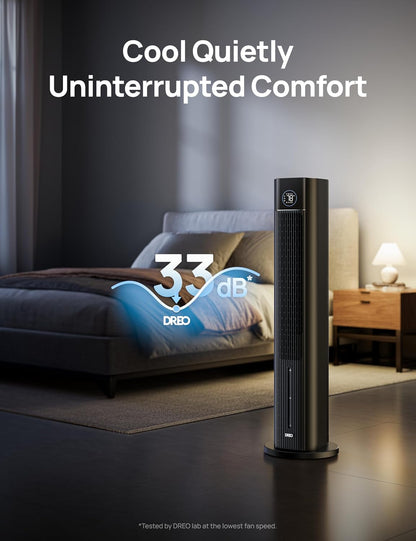 DREO Tower Fan for Bedroom, 43" Cooling Fans That Blow Cold Air 2025 Upgraded, Evaporative Air Cooler, Quiet 85° Oscillating Floor Fan, Easy Cleaning, APP Control, 4 Modes & 4 Speeds, Ink Black