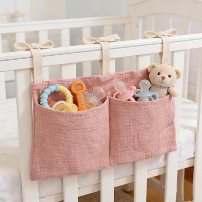 Baby Bedside Hanging Storage Bag Muslin Cotton Teddy Bear, Crib Diaper Caddy Organizer 2 Pockets, Nappy-Dormitory Nursery Organization Holder for Cribs, Playard or Wall Milk Bottle Bib Organizing