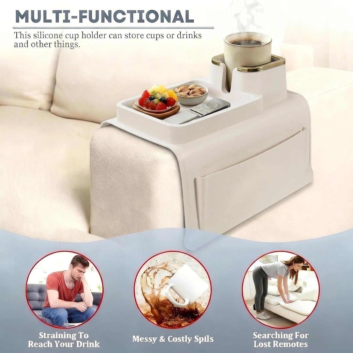 Luxury Gold Trim Couch Cup Holder Tray - Weighted Anti-Spill Navy Blue Silicone Sofa Armrest Organizer, Non-Slip Recliner Tray Table for Drinks, Remote, Phone - Fits Most Couch Arms