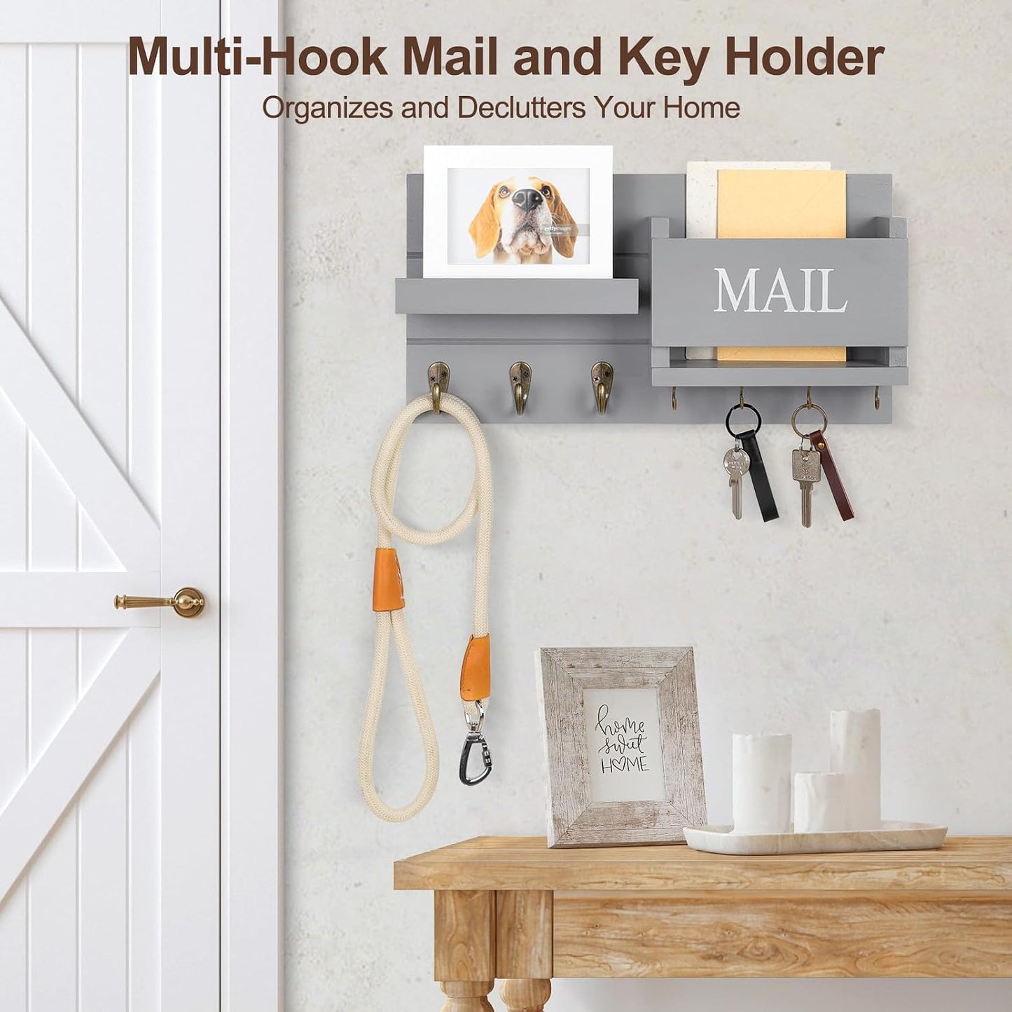 Lwenki Mail Organizer for Wall Mount – Key Holder with Shelf Includes Letter Holder and Hooks for Hallway Farmhouse Decor – Rustic Wood with Flush Mounting Hardware (16.5” x 9.1” x 3.4”) (White)