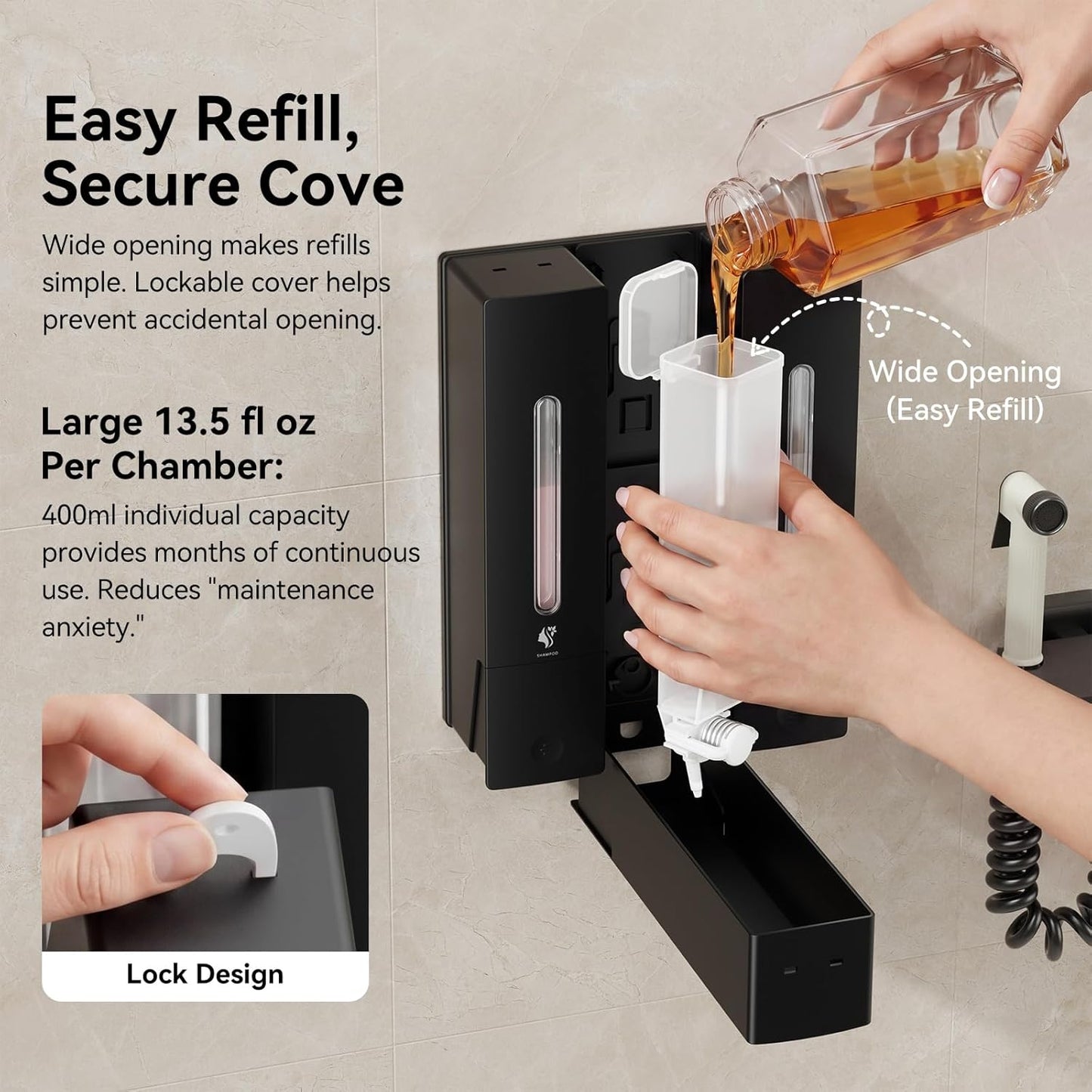 Shampoo and Conditioner Dispenser - Wall-Mounted 3-Chamber Shower Soap Dispenser, No-Drill, 1200ML Capacity, for Bathroom & Hotel