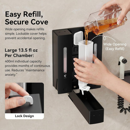 Shampoo and Conditioner Dispenser - Wall-Mounted 3-Chamber Shower Soap Dispenser, No-Drill, 1200ML Capacity, for Bathroom & Hotel