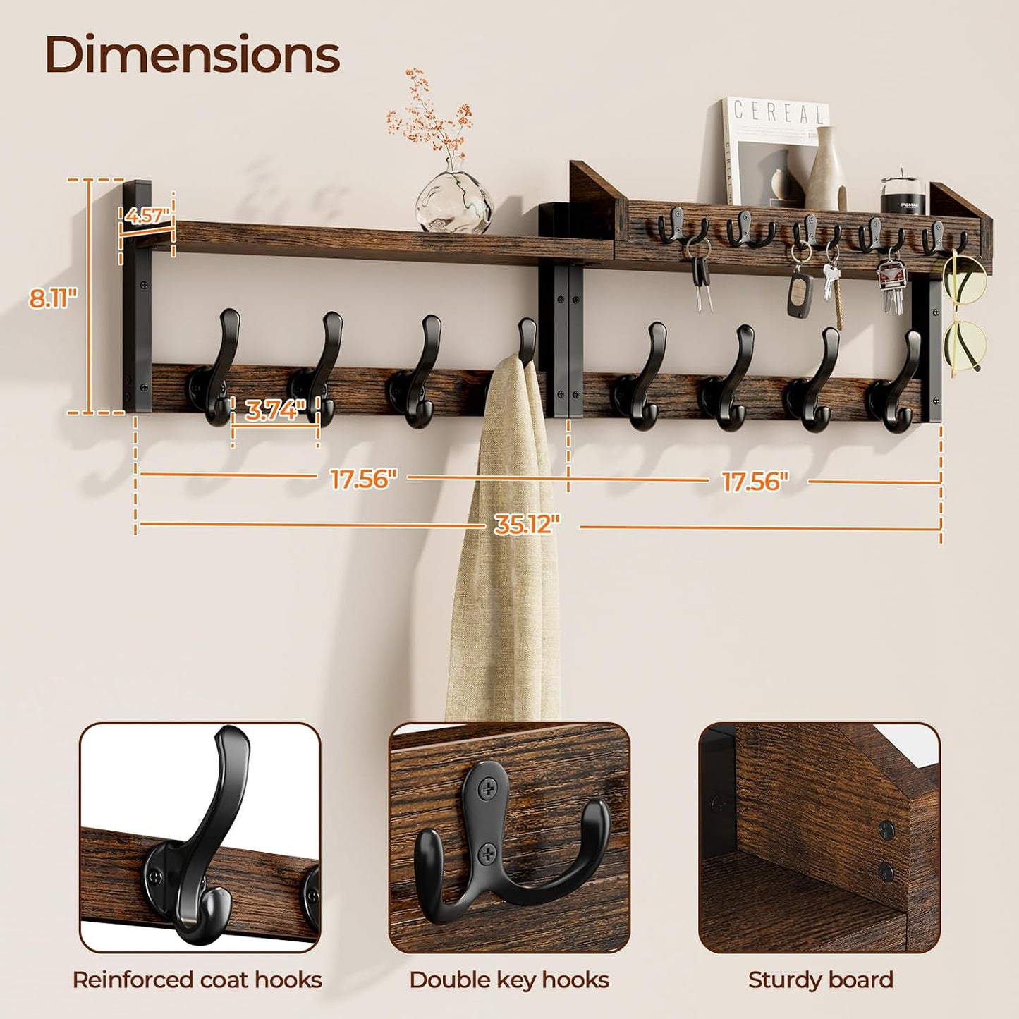 Evermagin 29" Coat Rack Wall Mount with Shelf for Entryway, Rustic Brown | Wall Mounted Coat and Key Rack with Hooks, Key Holder with Mail Organizer for Wall, Living Room, Mudroom, Bedroom