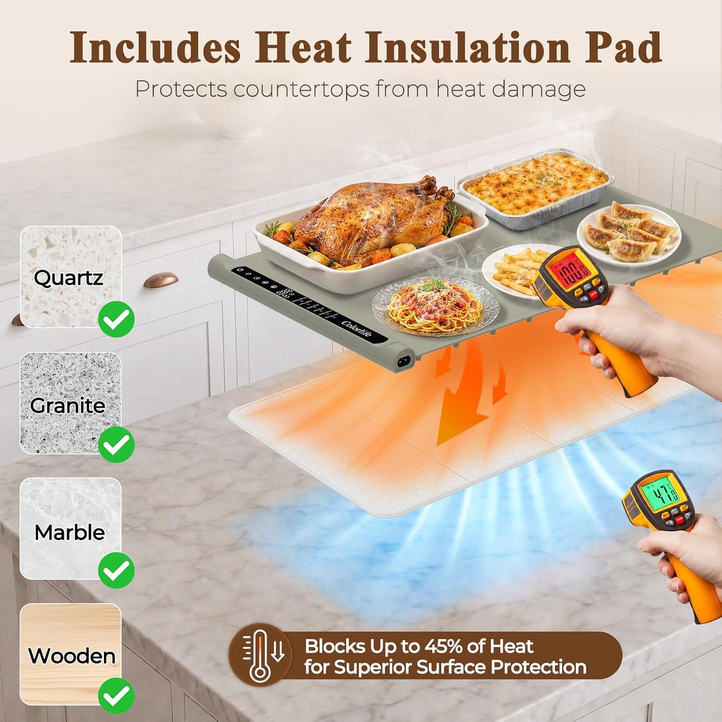 Warming Mat for Food, Electric Warming Tray with Heat-Resistant Pad-L Grey | Colorlife 6 Preset Modes, 7 Temps, 6H Timer, Child Lock, Auto-Memory, Rollable Silicone Food Warmer for Buffet, Parties