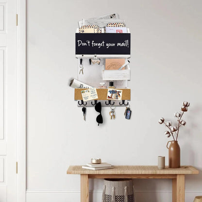Key Holder for Wall Mount with Shelf and Mail Organizer, Key and Mail Holder with 16 Hooks, Farmhouse Entryway Organizer, Home Decor Rack (Pine Wood, White Washed)