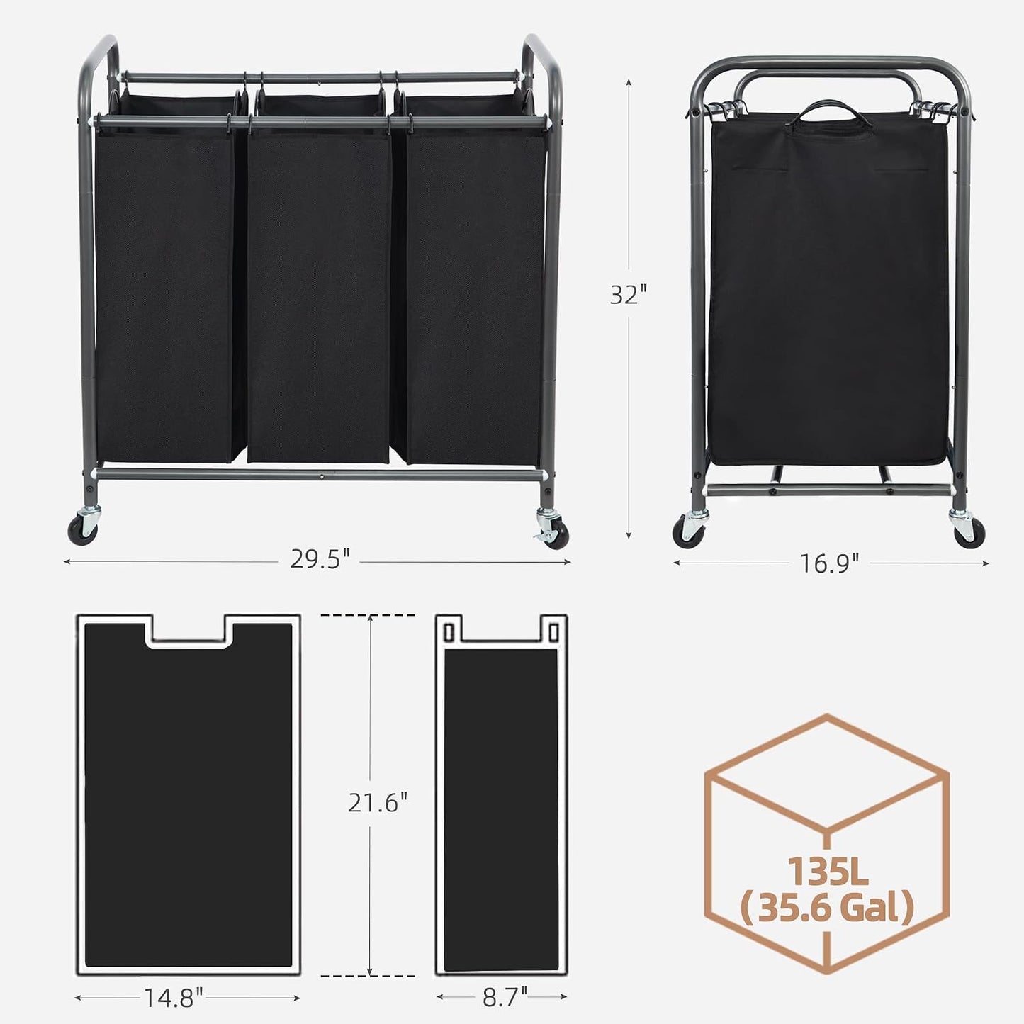STORAGE MANIAC 3 Section Laundry Sorter, 35.6 Gal (135 L) Laundry Hamper Cart with Heavy Duty Rolling Lockable Wheels and Removable Bags, Clothes Organizer Basket Separator Hamper, Gray