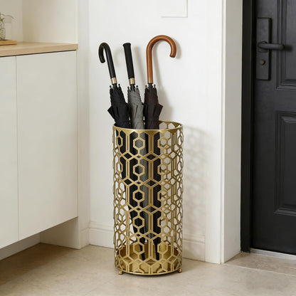 19" H Modern Metal Umbrella Stand for Entryway, Round Cane and Walking Stick Holder with Drip Tray, Elegant Home & Office Foyer Decor, Gold