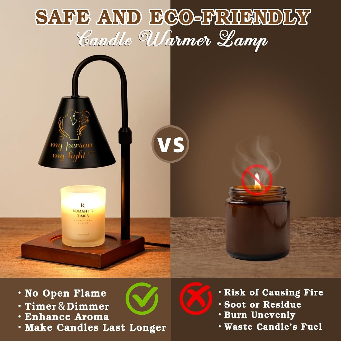 Candle Warmer Lamp Wood with Timer, Dimmable Electric Candle Lamp Warmer for Jar Candles, 2*35 Watt Bulb, Mothers Day Birthday Gifts for Women Men, Decorative Wooden Candle Lamp for Bedroom Home Decor