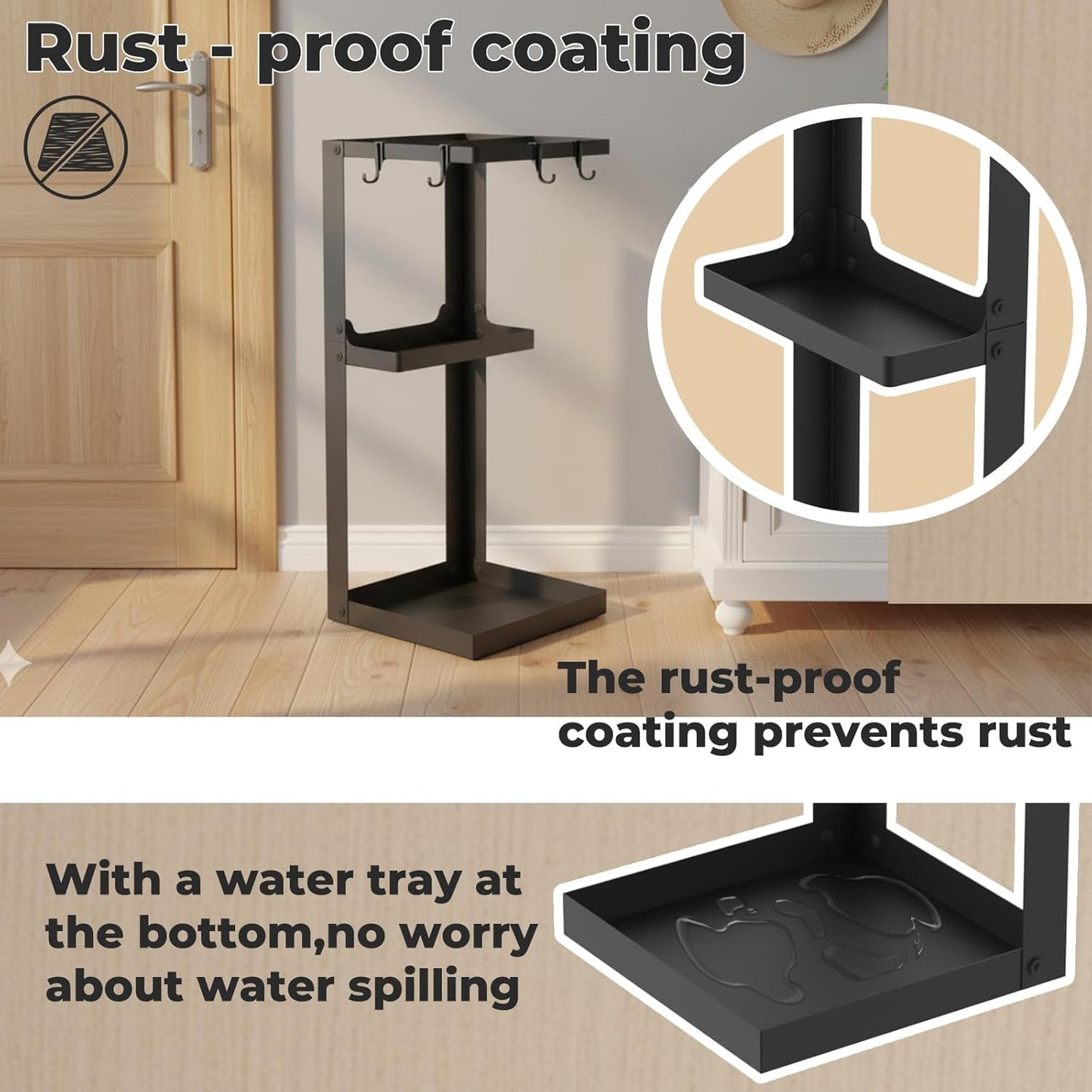 Umbrella Stand, Metal Umbrella Stand Indoor, 20 Inch Umbrella Holder for Entryway, Shelf for use with Small Umbrellas and Bottom Drip Tray for use with