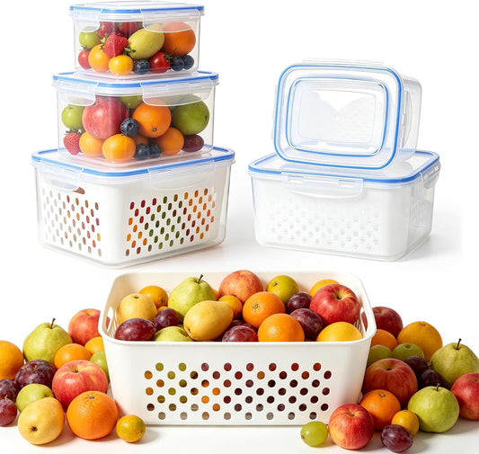 3 PCS Fruit Storage Containers for Fridge,Removable Colander,Fresh Longer | Airtight Food Storage Containers,Keep Fresh Longer,Household Transparent Plastic Food Storage Box-Including Drain Basket